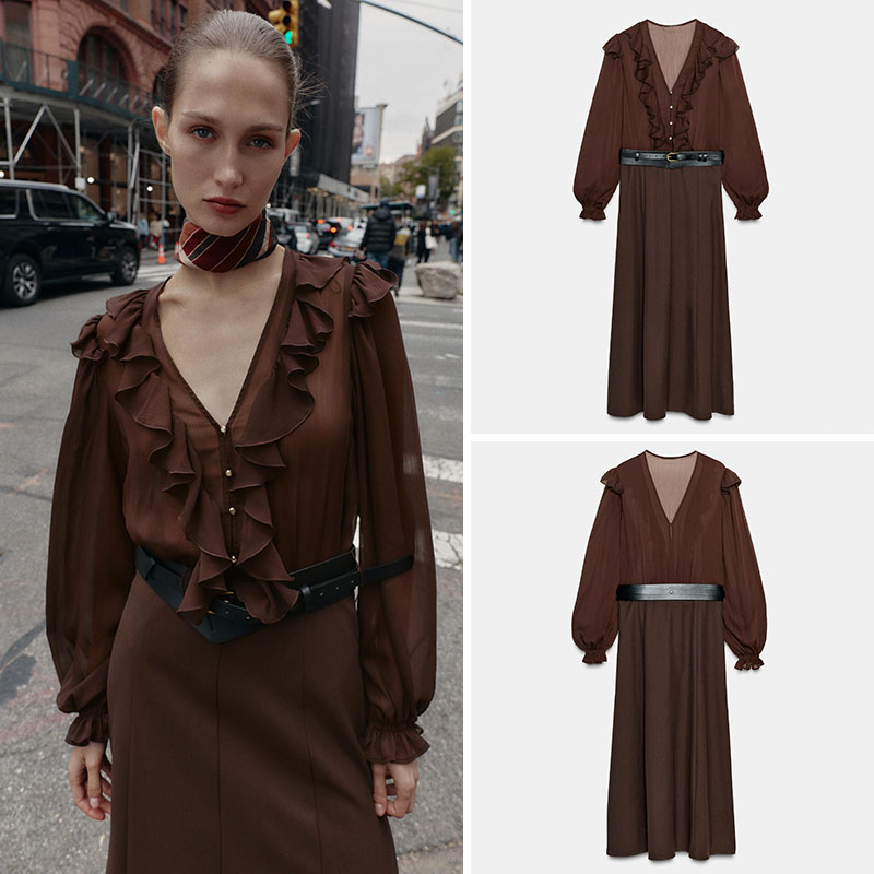 Ethnic Wear - Elegant V-Neck Long Sleeve Midi Dress
