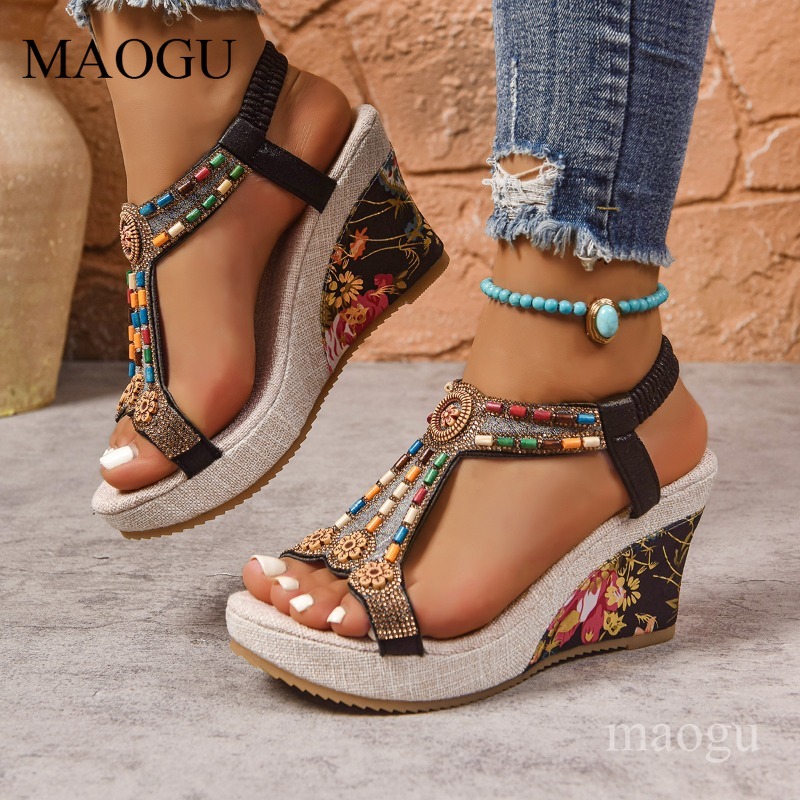 Ethnic Boho Fashion - Boho Beaded Floral Wedge Sandals for